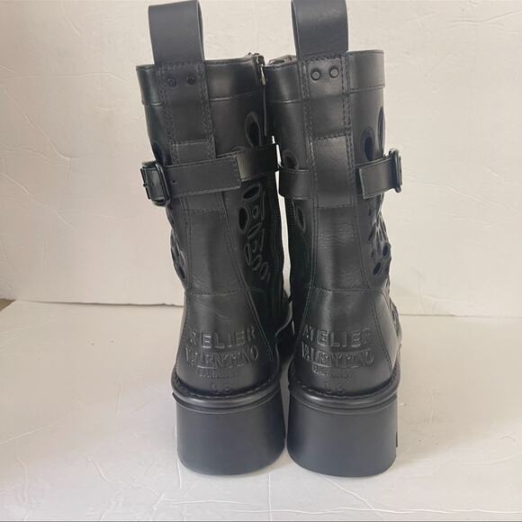 Valentino Black Leather Laser Cut Out Lace Up Combat Boots Size 41 - Picture 8 of 15